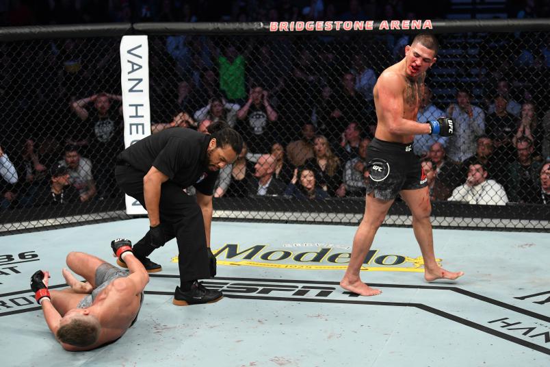 Anthony Pettis celebrates his KO victory over Stephen Thompson in their welterweight bout during the UFC Fight Night event at Bridgestone Arena on March 23, 2019 in Nashville, Tennessee. (Photo by Jeff Bottari/Zuffa LLC via Getty Images)