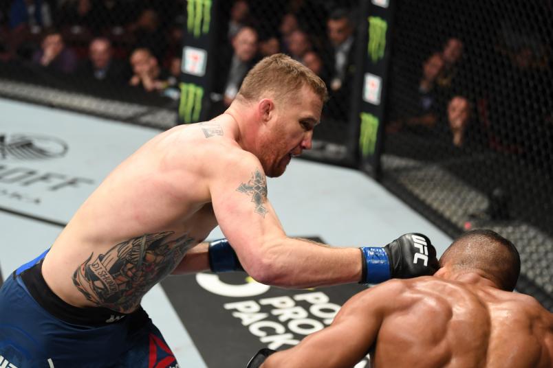 Justin Gaethje punches Edson Barboza of Brazil in their lightweight bout during the UFC Fight Night event at Wells Fargo Center on March 30, 2019 in Philadelphia, Pennsylvania. (Photo by Josh Hedges/Zuffa LLC via Getty Images)