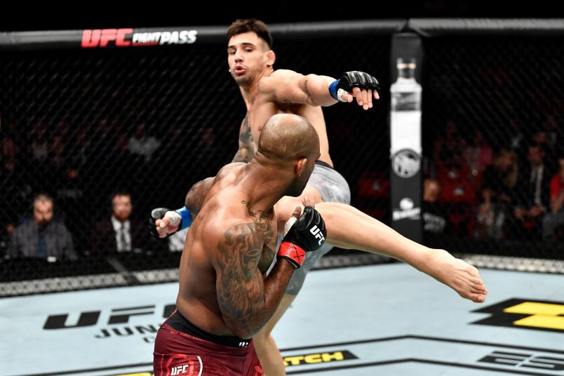 Aleksandar Rakic of Austria kicks Jimi Manuwa of England in their light heavyweight bout during the UFC Fight Night event at Ericsson Globe on June 1, 2019 in Stockholm, Sweden. (Photo by Jeff Bottari/Zuffa LLC via Getty Images)