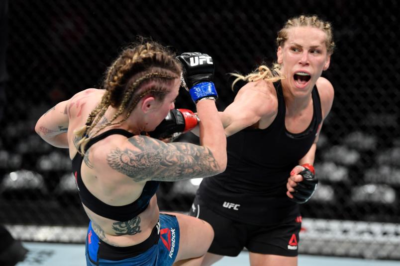 CHICAGO, IL - JUNE 08: (R-L) Katlyn Chookagian punches Joanne Calderwood of Scotland in their women's flyweight bout during the UFC 238 event at the United Center on June 8, 2019 in Chicago, Illinois. (Photo by Jeff Bottari/Zuffa LLC/Zuffa LLC via Getty Images)