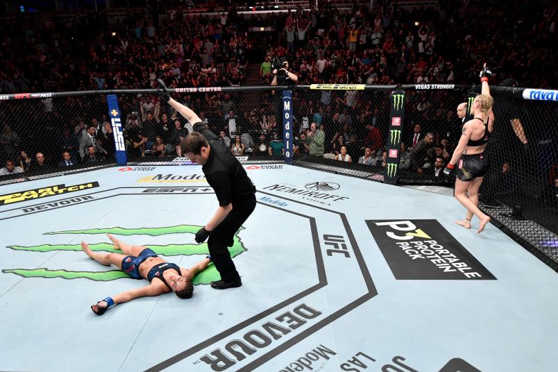 Valentina Shevchenko of Kyrgyzstan celebrates her KO victory over Jessica Eye in their women's flyweight championship bout during the UFC 238 event at the United Center on June 8, 2019 in Chicago, Illinois. (Photo by Jeff Bottari/Zuffa LLC via Getty Images)