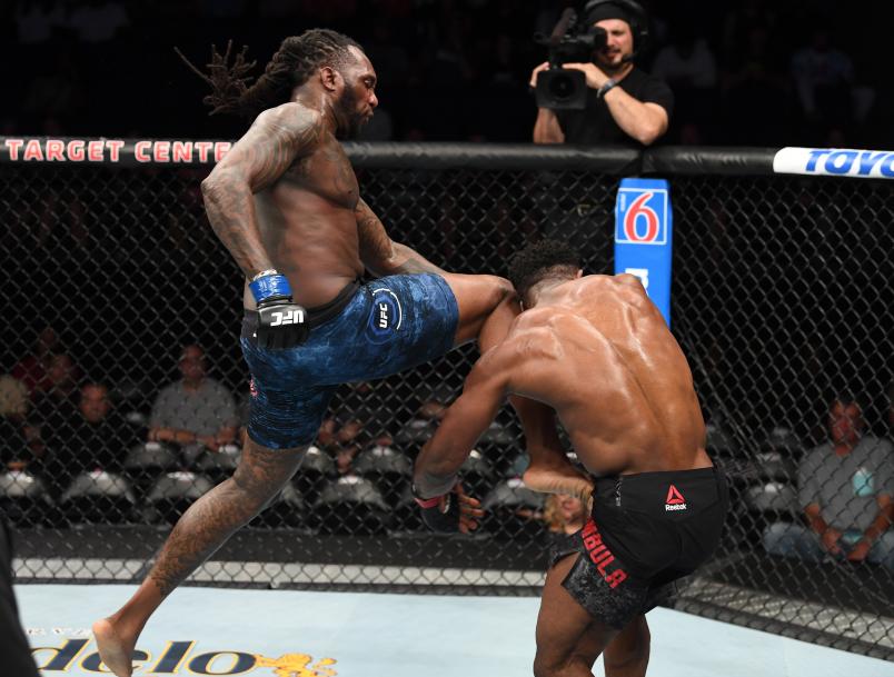 MINNEAPOLIS, MN - JUNE 29: (L-R) Dequan Townsend lands a flying knee against Dalcha Lungiambula of the Democratic Republic of Congo in their light heavyweight bout during the UFC Fight Night event at the Target Center on June 29, 2019 in Minneapolis, Minnesota. (Photo by Josh Hedges/Zuffa LLC/Zuffa LLC via Getty Images)