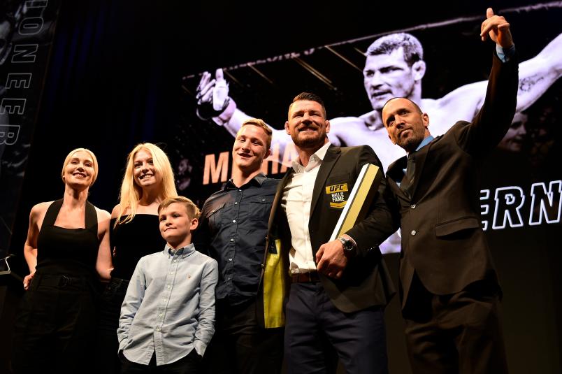 LAS VEGAS, NEVADA - JULY 05: Michael Bisping and his family pose for a photo after he is inducted into the UFC Hall of Fame during the UFC Hall of Fame Class of 2019 Induction Ceremony inside The Pearl at The Palms Casino Resort on July 5, 2019 in Las Vegas, Nevada. (Photo by Chris Unger/Zuffa LLC/Zuffa LLC via Getty Images)