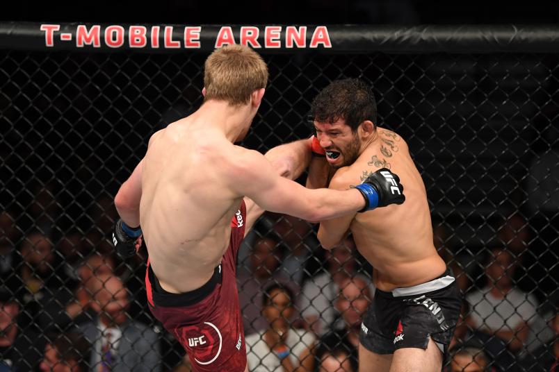 LAS VEGAS, NV - JULY 06: Arnold Allen of England kicks Gilbert Melendez in their featherweight fight during the UFC 239 event at T-Mobile Arena on July 6, 2019 in Las Vegas, Nevada. (Photo by Josh Hedges/Zuffa LLC/Zuffa LLC)
