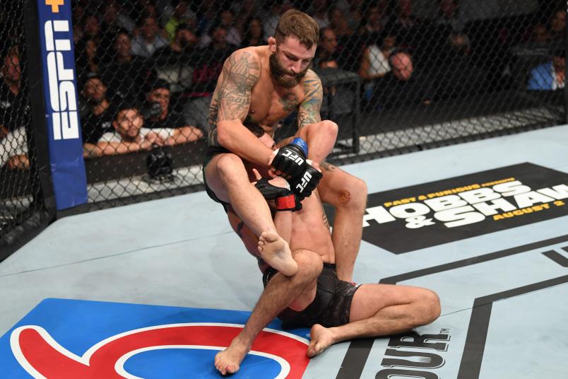 LAS VEGAS, NV - JULY 06: Michael Chiesa grapples Diego Sanchez in their welterweight fight during the UFC 239 event at T-Mobile Arena on July 6, 2019 in Las Vegas, Nevada. (Photo by Josh Hedges/Zuffa LLC/Zuffa LLC)