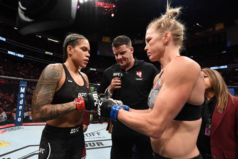 LAS VEGAS, NV - JULY 06: Amanda Nunes of Brazil and Holly Holm touch gloves in their UFC bantamweight championship fight during the UFC 239 event at T-Mobile Arena on July 6, 2019 in Las Vegas, Nevada. (Photo by Josh Hedges/Zuffa LLC/Zuffa LLC)