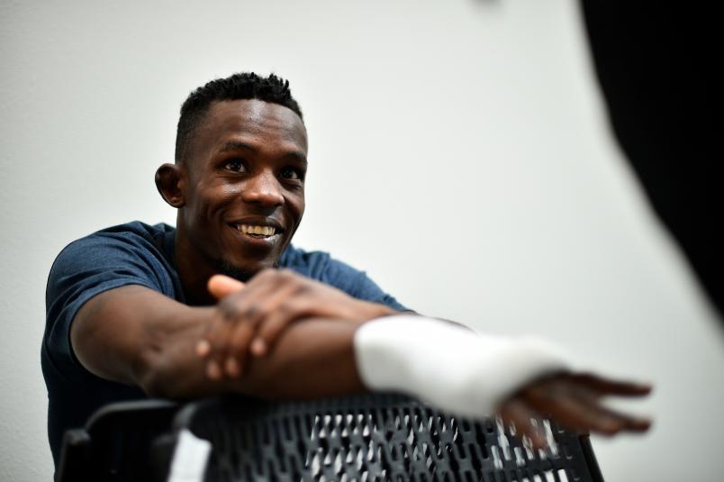LAS VEGAS, NV - JULY 16: Ode Osbourne of Jamaica gets his hands wrapped backstage during Dana White's Contender Series at the UFC Apex on July 16, 2019 in Las Vegas, Nevada. (Photo by Chris Unger/DWCS LLC)