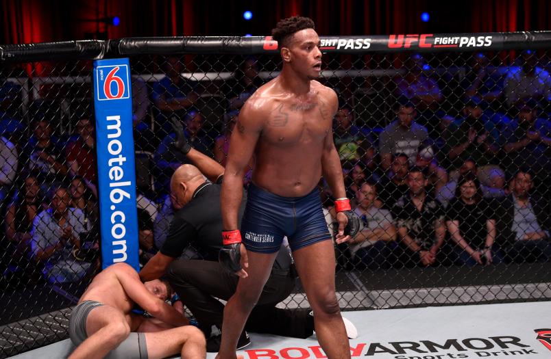 LAS VEGAS, NV - JULY 23: Jamahal Hill celebrates after his TKO victory over Alexander Poppeck of Germany in their light heavyweight bout during Dana White's Contender Series at the UFC Apex on July 23, 2019 in Las Vegas, Nevada. (Photo by Chris Unger/DWCS LLC)