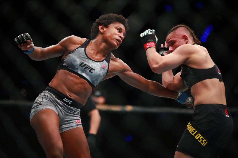 MEXICO CITY, MEXICO - SEPTEMBER 21: Angela Hill hits Ariane Carnelossi of Brazil in their women's strawweight bout during UFC Fight Night event at Arena Ciudad de Mexico on September 21, 2019 in Mexico City, Mexico. (Photo by Hector Vivas/Zuffa LLC/Zuffa LLC)