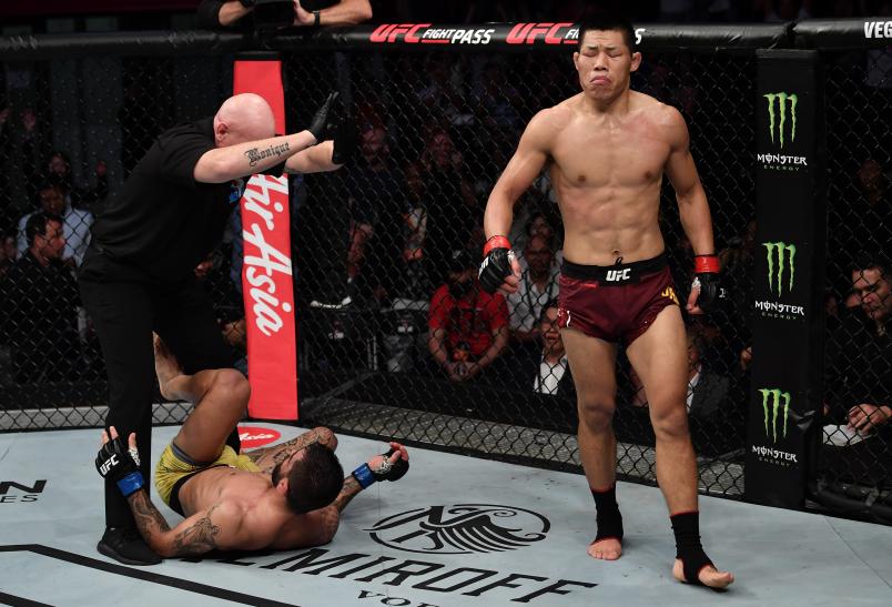 Li Jingliang of China celebrates after his TKO victory over Elizeu dos Santos of Brazil in their welterweight bout during the UFC Fight Night event at Shenzhen Universiade Sports Centre on August 31, 2019 in Shenzhen, China. (Photo by Brandon Magnus/Zuffa LLC)