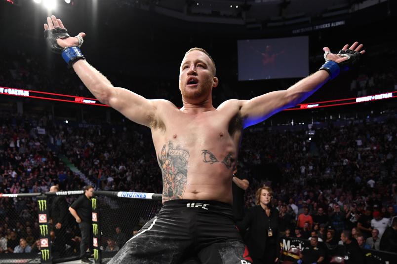 VANCOUVER, BRITISH COLUMBIA - SEPTEMBER 14: Justin Gaethje celebrates after defeating Donald Cerrone in their lightweight bout during the UFC Fight Night event at Rogers Arena on September 14, 2019 in Vancouver, Canada. (Photo by Jeff Bottari/Zuffa LLC)