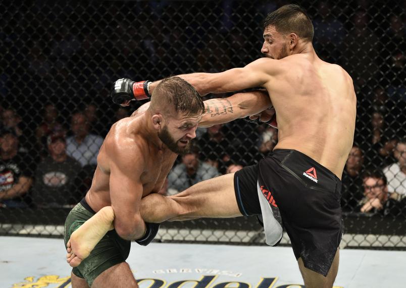 Jeremy Stephens and Yair Rodriguez trade strikes in their featherweight bout during the UFC Fight Night event at TD Garden on October 18, 2019 in Boston, Massachusetts. (Photo by Chris Unger/Zuffa LLC via Getty Images)
