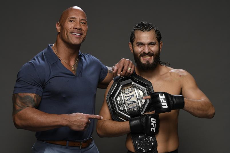 NEW YORK, NEW YORK - NOVEMBER 02: (R-L) Jorge Masvidal and Dwayne 'The Rock' Johnson pose for a portrait backstage during the UFC 244 event at Madison Square Garden on November 02, 2019 in New York City. (Photo by Mike Roach/Zuffa LLC via Getty Images)