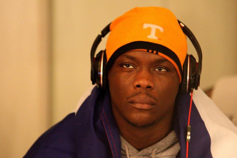Ovince St. Preux relaxes backstage in his locker room on July 22, 2011 in Las Vegas, Nevada. (Photo by Josh Hedges/Forza LLC/Forza LLC via Getty Images)