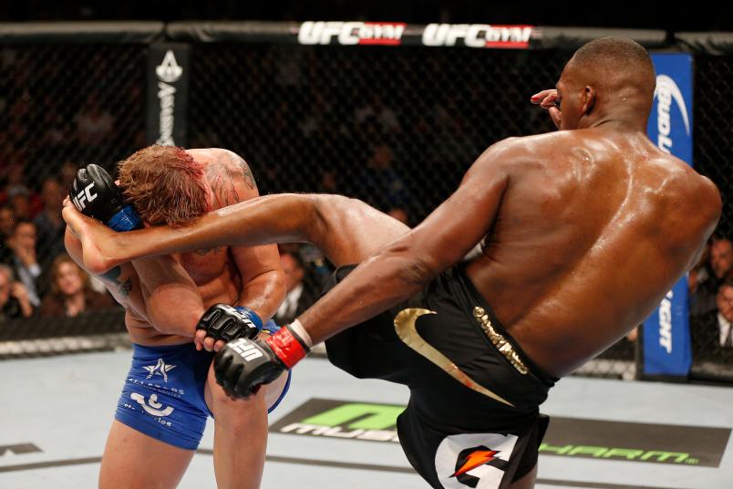 TORONTO, CANADA - SEPTEMBER 21: (R-L) Jon 'Bones' Jones kicks Alexander 'The Mauler' Gustafsson in their UFC light heavyweight championship bout at the Air Canada Center on September 21, 2013 in Toronto, Ontario, Canada. (Photo by Josh Hedges/Zuffa LLC/Zuffa LLC via Getty Images)