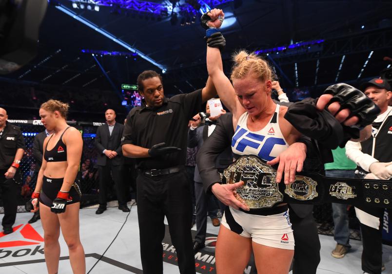 MELBOURNE, AUSTRALIA - NOVEMBER 15: Holly Holm of the United States celebrates after her knockout victory over Ronda Rousey of the United States in their UFC women's bantamweight championship bout during the UFC 193 event at Etihad Stadium on November 15, 2015 in Melbourne, Australia. (Photo by Josh Hedges/Zuffa LLC/Zuffa LLC via Getty Images)