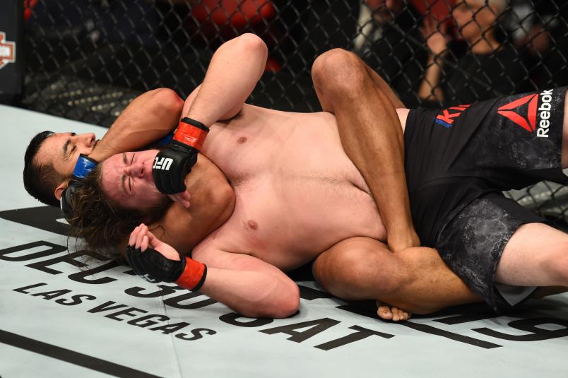 DETROIT, MI - DECEMBER 02: (L-R) Dominick Reyes submits Jeremy Kimball in their light heavyweight bout during the UFC 218 event inside Little Caesars Arena on December 02, 2017 in Detroit, Michigan. (Photo by Josh Hedges/Zuffa LLC)