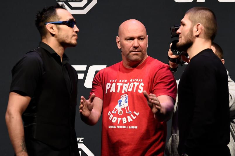 Opponents Tony Ferguson and Khabib Nurmagomedov face off during the UFC press conference at TD Garden on January 19, 2018 in Boston, Massachusetts. (Photo by Jeff Bottari/Zuffa LLC via Getty Images)