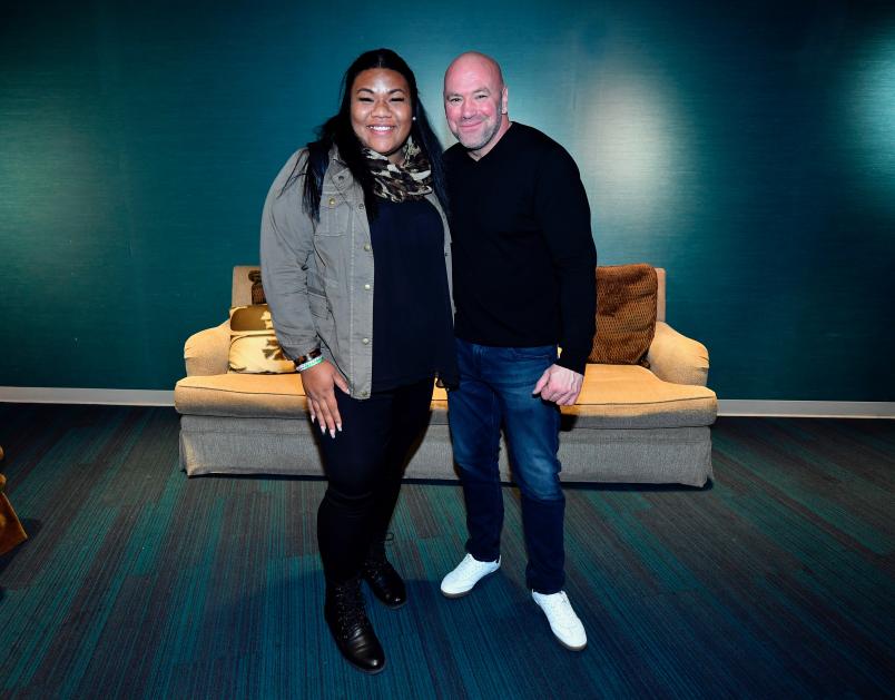 Dana White and Summer Tapasa pose backstage at the UFC 246 weigh-ins.
