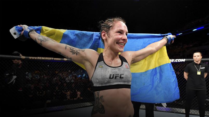 Lina Lansberg of Sweden celebrates her victory over Macy Chiasson in their women's bantamweight bout during the UFC Fight Night event at Royal Arena on September 28, 2019 in Copenhagen, Denmark. (Photo by Jeff Bottari/Zuffa LLC/Zuffa LLC via Getty Images)