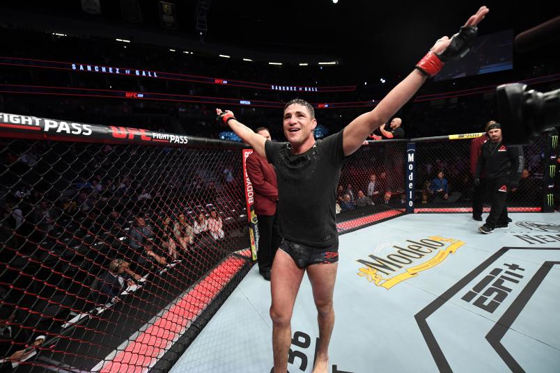 Diego Sanchez celebrates his victory over Mickey Gall in their welterweight bout during the UFC 235 event at T-Mobile Arena on March 2, 2019 in Las Vegas, Nevada. (Photo by Jeff Bottari/Zuffa LLC)