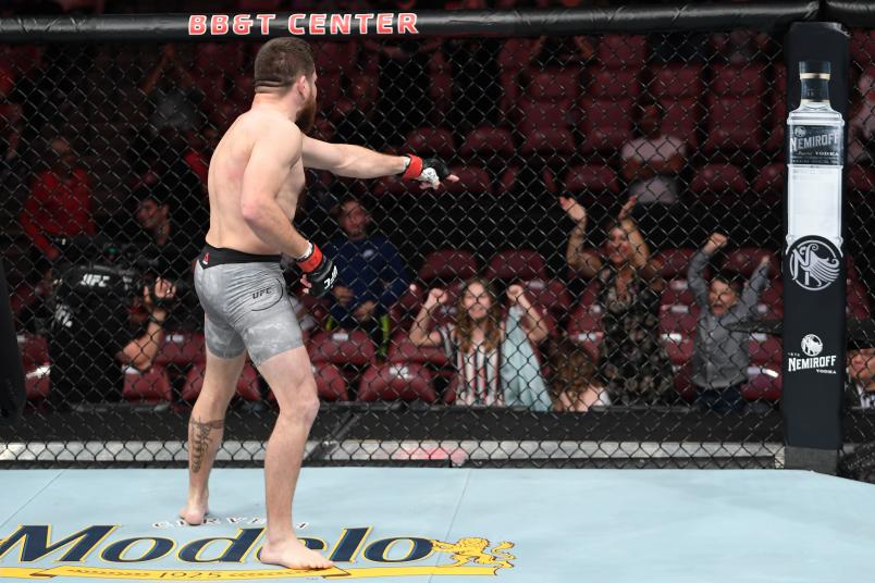 SUNRISE, FL - APRIL 27: Jim Miller points to his family after his submission victory over Jason Gonzalez in their lightweight bout during the UFC Fight Night event at BB&T Center on April 27, 2019 in Sunrise, Florida. (Photo by Jeff Bottari/Zuffa LLC)
