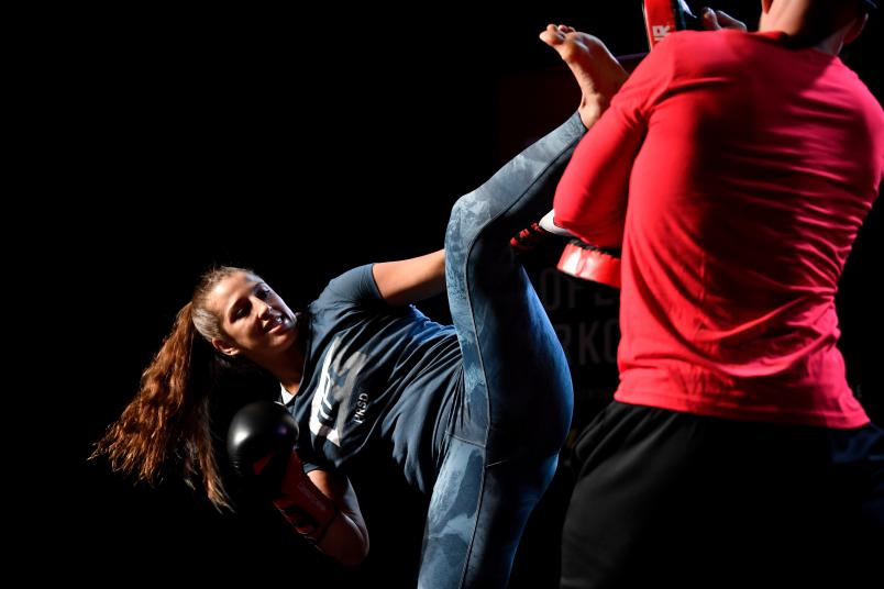 Felicia Spencer of Canada holds an open workout session for fans and media at the Starlite Room on July 24, 2019 in Edmonton, Alberta, Canada. (Photo by Jeff Bottari/Zuffa LLC via Getty Images)