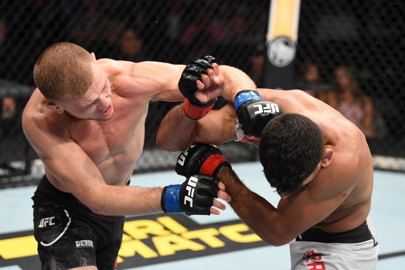 ANAHEIM, CALIFORNIA - AUGUST 17: (L-R) Casey Kenney punches Manny Bermudez in their catchweight bout during the UFC 241 event at the Honda Center on August 17, 2019 in Anaheim, California. (Photo by Josh Hedges/Zuffa LLC)