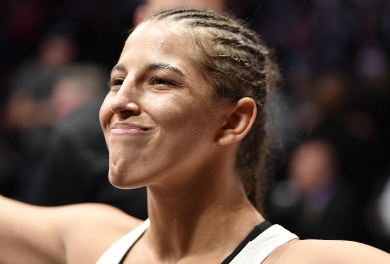 Felicia Spencer of Canada prepares to fight Cris Cyborg of Brazil in their featherweight bout during the UFC 240 event at Rogers Place on July 27, 2019 in Edmonton, Alberta, Canada. (Photo by Jeff Bottari/Zuffa LLC)