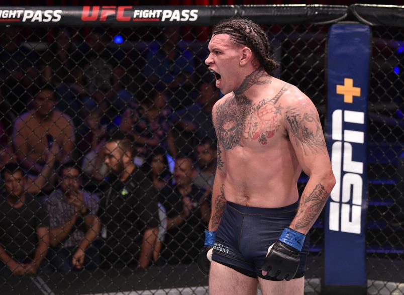 LAS VEGAS, NEVADA - AUGUST 13: Brok Weaver reacts after the conclusion of his welterweight bout against Devin Smyth during Dana White's Contender Series week 8 at the UFC Apex on August 13, 2019 in Las Vegas, Nevada. (Photo by Chris Unger/DWCS LLC/Zuffa LLC)