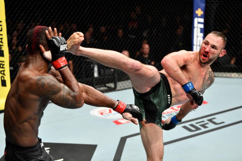COPENHAGEN, DENMARK - SEPTEMBER 28: (R-L) Lando Vannata kicks Marc Diakiese of England in their lightweight bout during the UFC Fight Night event at Royal Arena on September 28, 2019 in Copenhagen, Denmark. (Photo by Jeff Bottari/Zuffa LLC/Zuffa LLC via Getty Images)