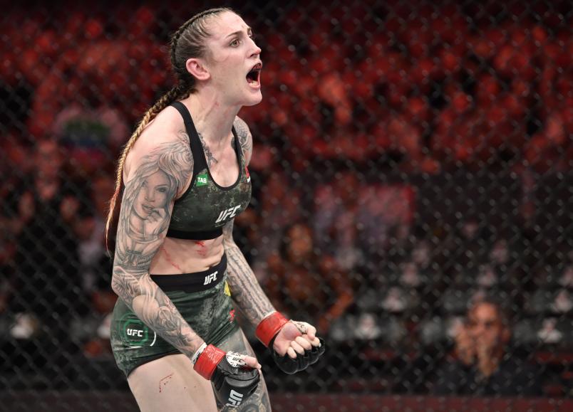 MELBOURNE, AUSTRALIA - OCTOBER 06: Megan Anderson of Australia celebrates after her submission win over Zarah Fairn in their featherweight fight during the UFC 243 event at Marvel Stadium on October 06, 2019 in Melbourne, Australia. (Photo by Jeff Bottari/Zuffa LLC/Zuffa LLC via Getty Images)