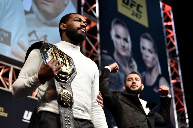 Jon Jones and Dominick Reyes face off during the UFC 247 Press Conference at T-Mobile Arena on December 13, 2019 in Las Vegas, Nevada. (Photo by Chris Unger/Zuffa LLC via Getty Images)