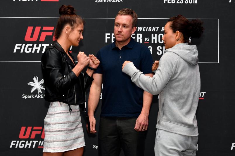 AUCKLAND, NEW ZEALAND - FEBRUARY 20: (L-R) Karolina Kowalkiewicz of Poland and Yan Xiaonan of China face off during the UFC Fight Night Ultimate Media Day at Crowne Plaza Auckland on February 20, 2020 in Auckland, New Zealand. (Photo by Jeff Bottari/Zuffa LLC via Getty Images)