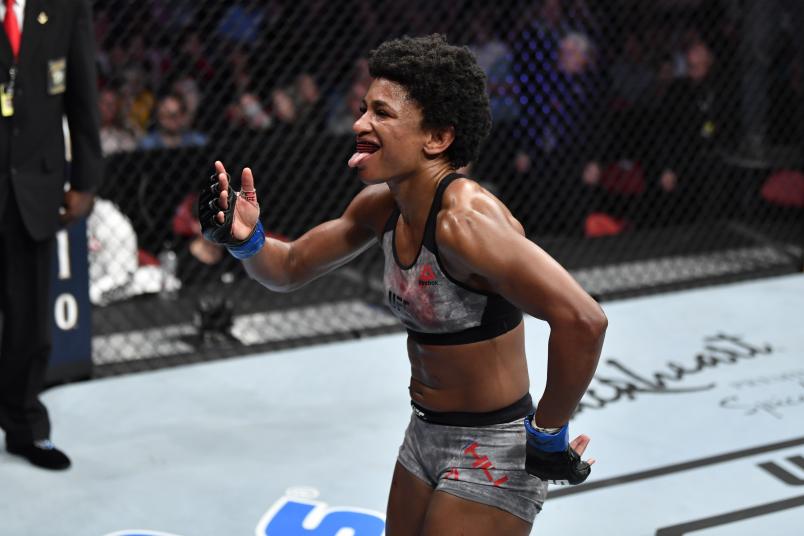 RALEIGH, NORTH CAROLINA - JANUARY 25: Angela Hill celebrates her TKO victory over Hannah Cifers in their women's strawweight bout during the UFC Fight Night event at PNC Arena on January 25, 2020 in Raleigh, North Carolina. (Photo by Jeff Bottari/Zuffa LLC via Getty Images)