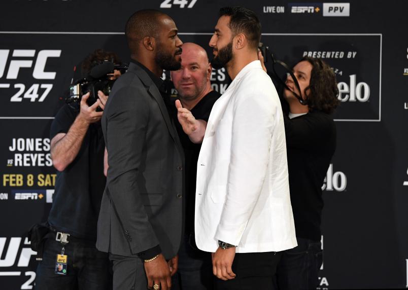 HOUSTON, TEXAS - FEBRUARY 06: (L-R) Opponents Jon Jones and Dominick Reyes face off during the UFC 247 Ultimate Media Day at the Crowne Plaza Houston River Oaks on February 06, 2020 in Houston, Texas. (Photo by Josh Hedges/Zuffa LLC)