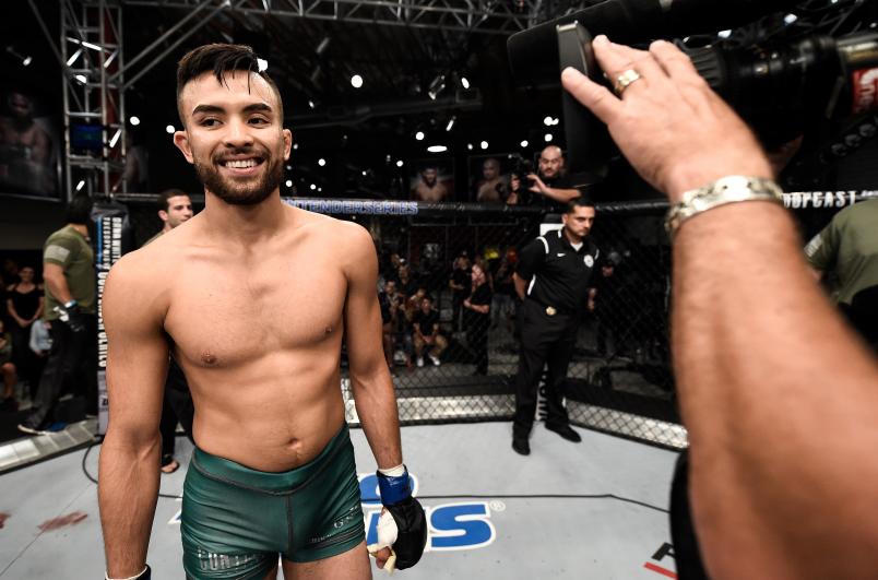 LAS VEGAS, NV - AUGUST 01: Kyler Phillips reacts to his TKO victory over James Gray following their bantamweight bout during Dana White's Tuesday Night Contender Series at the TUF Gym on August 1, 2017 in Las Vegas, Nevada. (Photo by Brandon Magnus/DWTNCS)