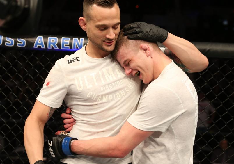 Grant Dawson celebrates after his submission victory over Michael Trizano in their featherweight bout during the UFC Fight Night event at Blue Cross Arena on May 18, 2019 in Rochester, New York. (Photo by Michael Owens/Zuffa LLC)