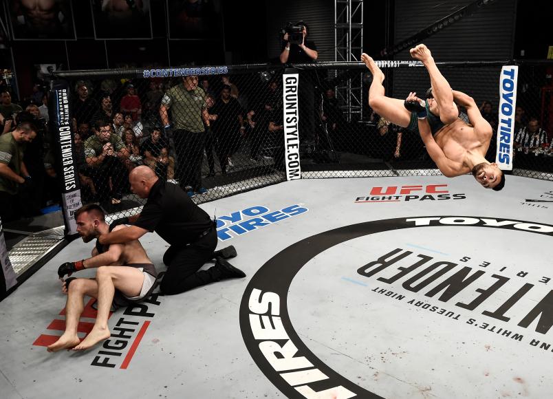 Kyler Phillips celebrates his TKO victory over James Gray following their bantamweight bout during Dana White's Tuesday Night Contender Series at the TUF Gym on August 1, 2017 in Las Vegas, Nevada. (Photo by Brandon Magnus/DWTNCS)