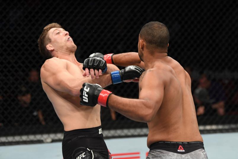 Trevin Giles punches Gerald Meerschaert in their middleweight bout during the UFC Fight Night event at the Prudential Center on August 3, 2019 in Newark, New Jersey. (Photo by Josh Hedges/Zuffa LLC/Zuffa LLC via Getty Images)