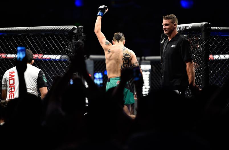 Brandon Moreno of Mexico enters the Octagon before facing Sergio Pettis in their flyweight bout during the UFC Fight Night event at Arena Ciudad de Mexico on August 5, 2017 in Mexico City, Mexico. (Photo by Jeff Bottari/Zuffa LLC)