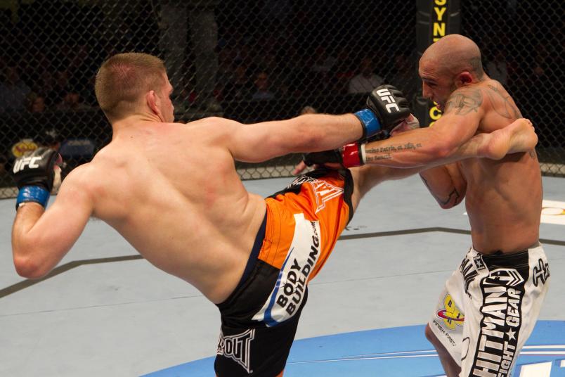 CHARLOTTE, NC - MARCH 31: Nik Lentz (black/orange shorts) def. Robert Emerson (white shorts) - Unanimous Decision during UFC Fight Night 21 at Bojangles Coliseum on March 31, 2010 in Charlotte, North Carolina. (Photo by Josh Hedges/Zuffa LLC via Getty Images)