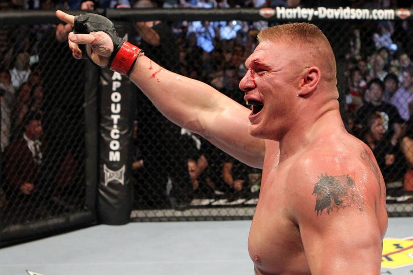 LAS VEGAS - JULY 03: Brock Lesnar reacts after his second round submission victory against Shane Carwin to win the UFC Heavyweight Championship Unification bout at the MGM Grand Garden Arena on July 3, 2010 in Las Vegas, Nevada. (Photo by Josh Hedges/Zuffa LLC/Zuffa LLC via Getty Images)