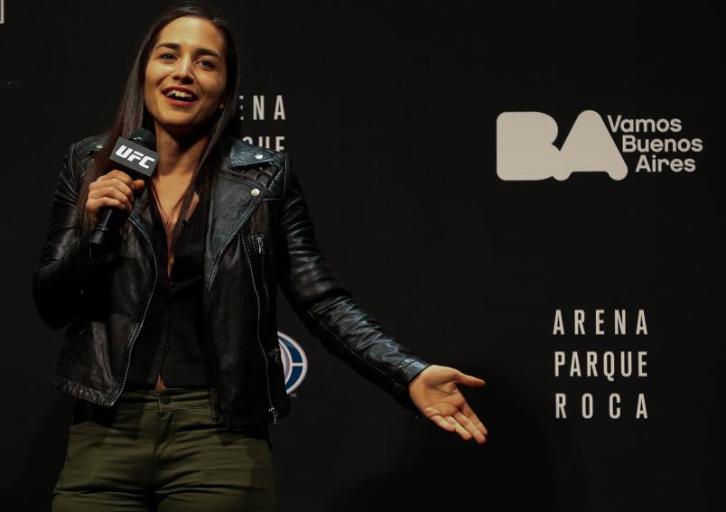 BUENOS AIRES, ARGENTINA - NOVEMBER 16: Veronica Macedo talks to the audience during UFC 140 Weight In at Parque Roca Arena on November 16, 2018 in Buenos Aires, Argentina. (Photo by Alexandre Schneider /Zuffa LLC/Zuffa LLC)