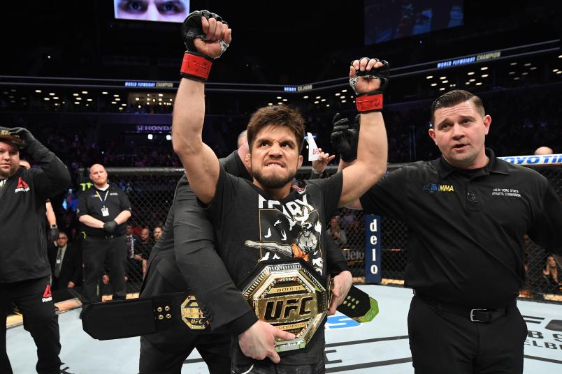 Henry Cejudo celebrates his TKO victory over TJ Dillashaw in their flyweight bout during the UFC Fight Night event at the Barclays Center on January 19, 2019 in the Brooklyn borough of New York City. (Photo by Josh Hedges/Zuffa LLC via Getty Images)