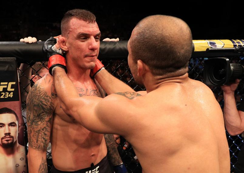 FORTALEZA, BRAZIL - FEBRUARY 02: (R-L) Jose Aldo of Brazil talks to Renato Moicano of Brazil after their featherweight fight during the UFC Fight Night event at CFO Centro de Formacao Olimpica on February 2, 2019 in Fortaleza, Brazil. (Photo by Buda Mendes/Zuffa LLC/Zuffa LLC via Getty Images)