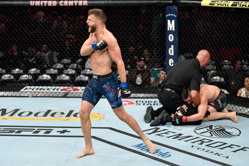Calvin Kattar celebrates his KO victory over Ricardo Lamas in their featherweight bout during the UFC 238 event at the United Center on June 8, 2019 in Chicago, Illinois. (Photo by Jeff Bottari/Zuffa LLC via Getty Images)