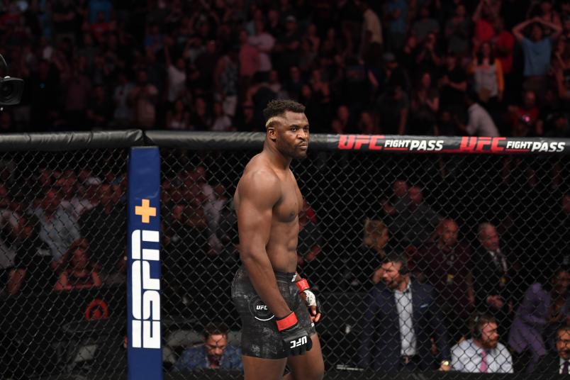 Francis Ngannou of Cameroon reacts after defeating Junior Dos Santos of Brazil in their heavyweight bout during the UFC Fight Night event at the Target Center on June 29, 2019 in Minneapolis, Minnesota. (Photo by Josh Hedges/Zuffa LLC via Getty Images)