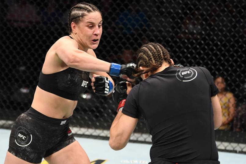 SAN ANTONIO, TEXAS - JULY 20: (L-R) Jennifer Maia of Brazil punches Roxanne Modafferi in their women's flyweight bout during the UFC Fight Night event at AT&T Center on July 20, 2019 in San Antonio, Texas. (Photo by Josh Hedges/Zuffa LLC)