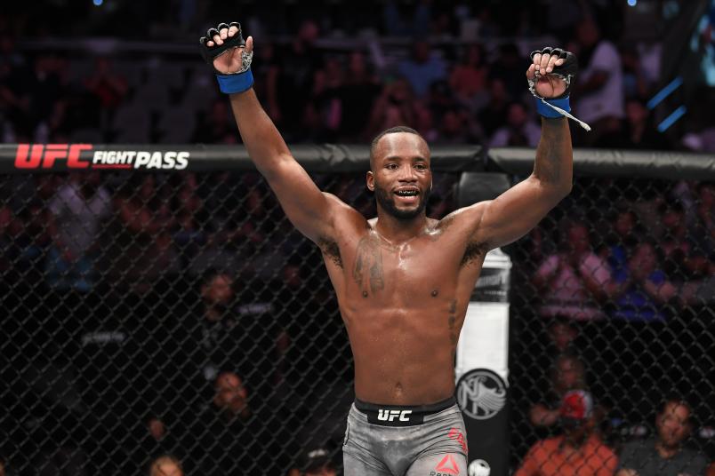 Leon Edwards of Jamaica reacts after finishing his fight against Rafael Dos Anjos of Brazil in their welterweight bout during the UFC Fight Night event at AT&T Center on July 20, 2019 in San Antonio, Texas. (Photo by Josh Hedges/Zuffa LLC via Getty Images)